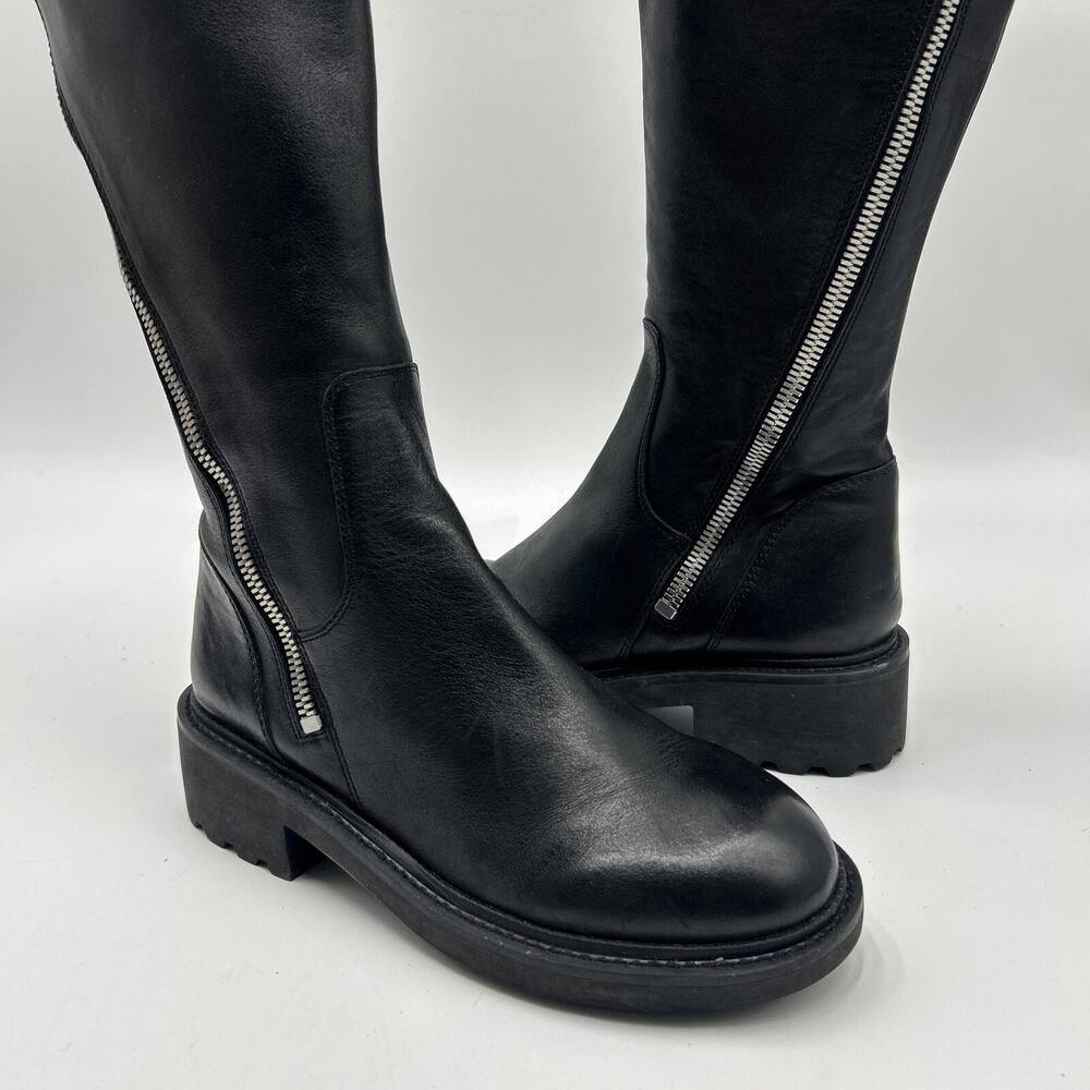 Ash SEVEN Black Leather Over the Knee Boots, Double Zippers Lug Soles, 38/7.5-8M - Picture 2 of 14